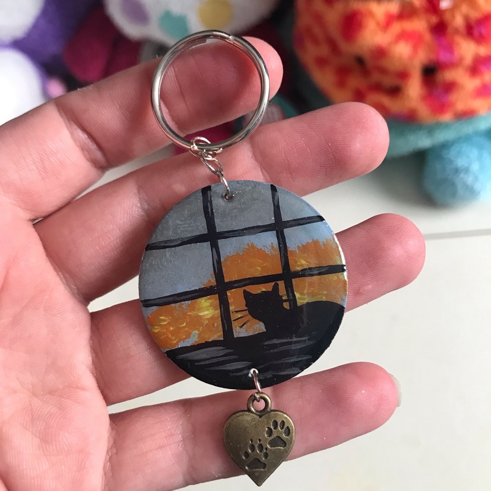 Hand-Painted Black Cat Sunset Keychain - Home Art Accessory